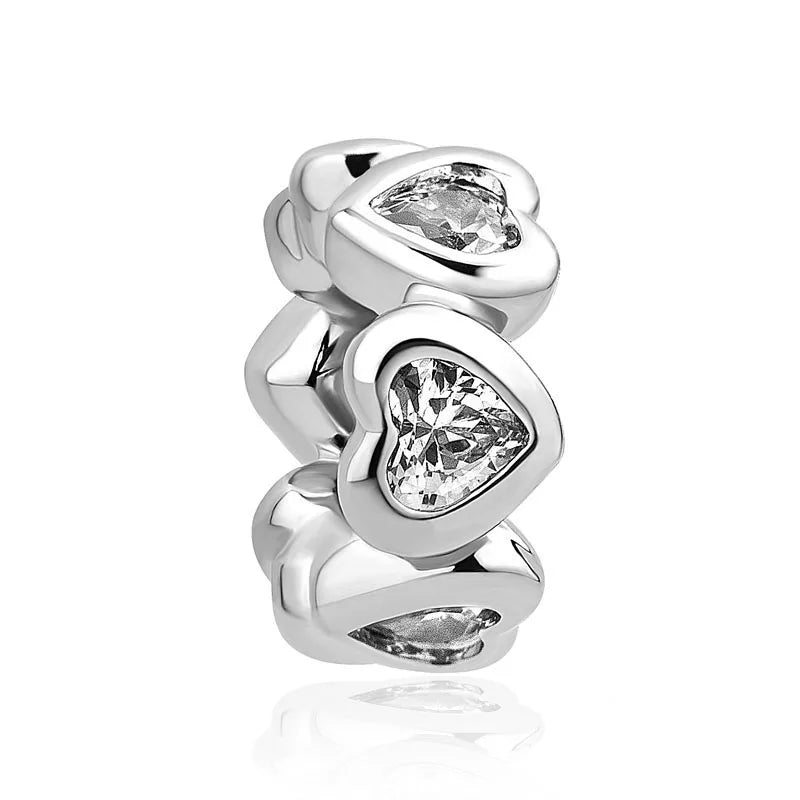 925 sterling silver stacked heart charm bead with three stone settings