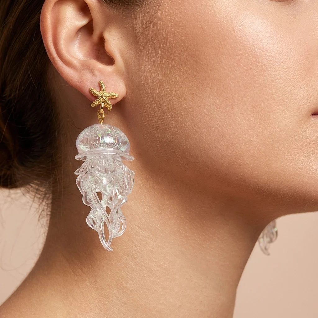 Gold starfish drop earrings with clear translucent jellyfish charms on ear.