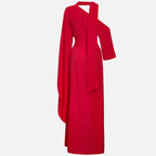 Red one-shoulder maxi gown with turtleneck and wide-belt detail