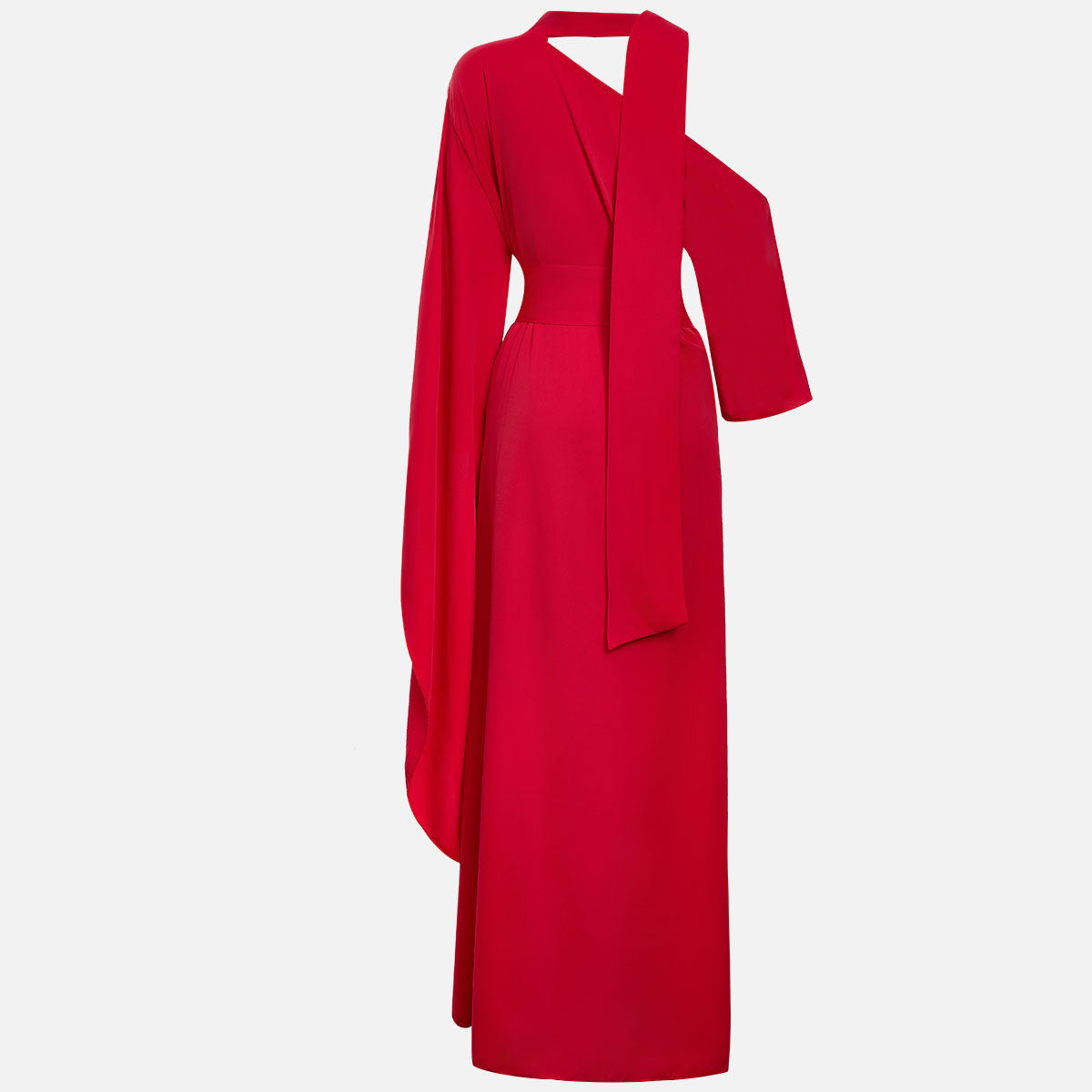 Red one-shoulder maxi gown with turtleneck and wide-belt detail