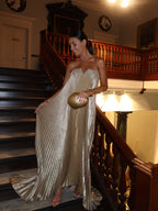 Champagne metallic strapless tube maxi dress, pleated sweetheart bodice and flowing skirt
