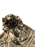 Gold 3D floral applique detail on one-shoulder pleated midi dress
