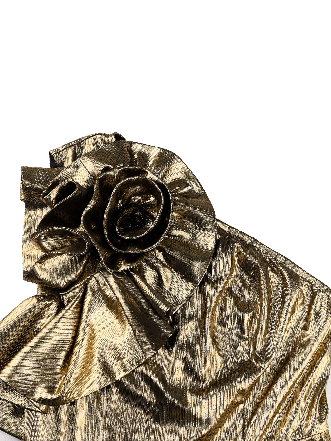Gold 3D floral applique detail on one-shoulder pleated midi dress