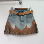 Blue denim tassel mini skirt with tan belt and brown scalloped hem panel