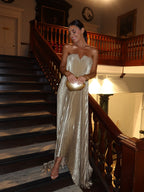 Champagne metallic strapless tube maxi dress with pleated texture and sweetheart neckline