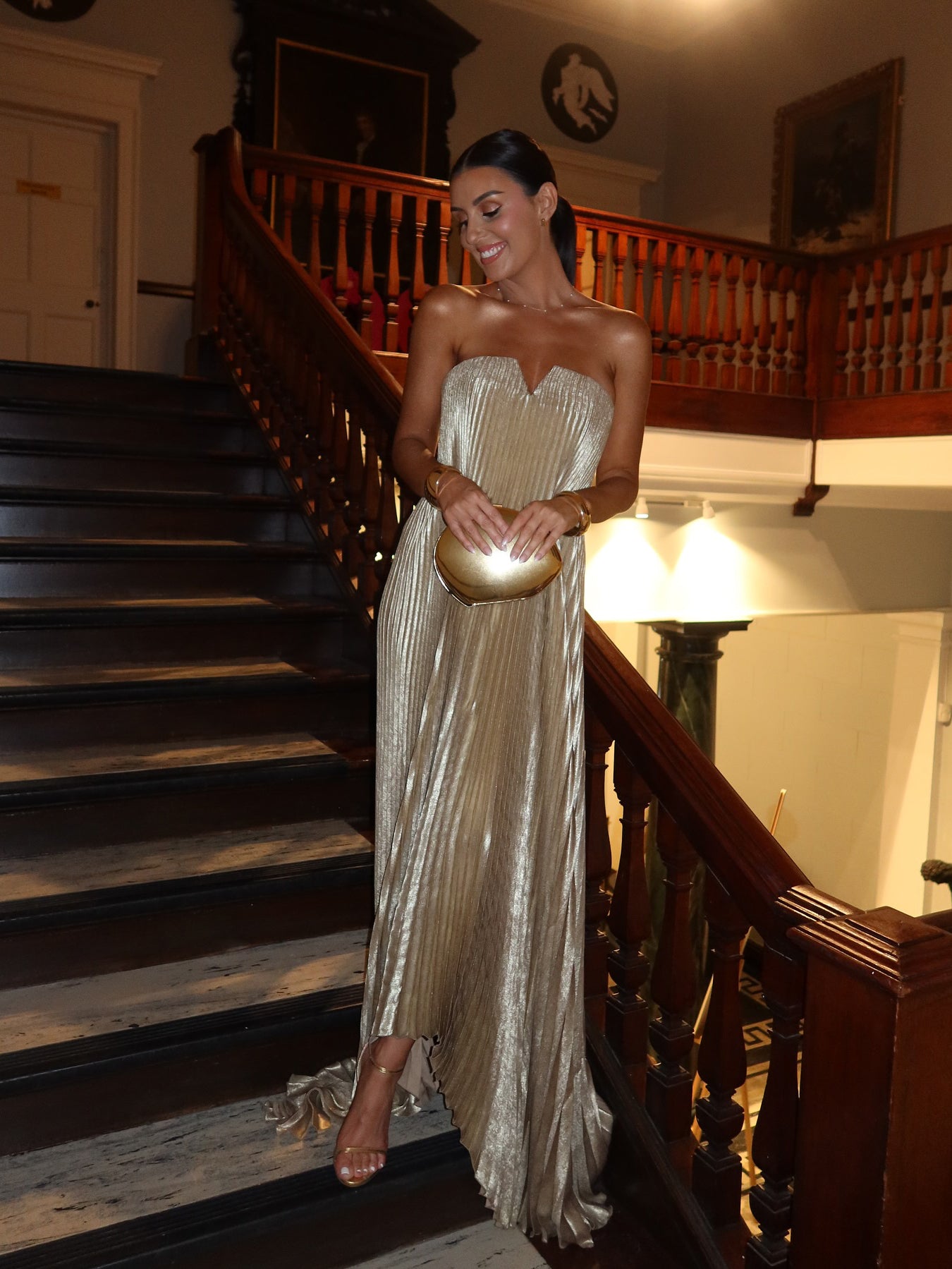 Champagne metallic strapless tube maxi dress with pleated texture and sweetheart neckline