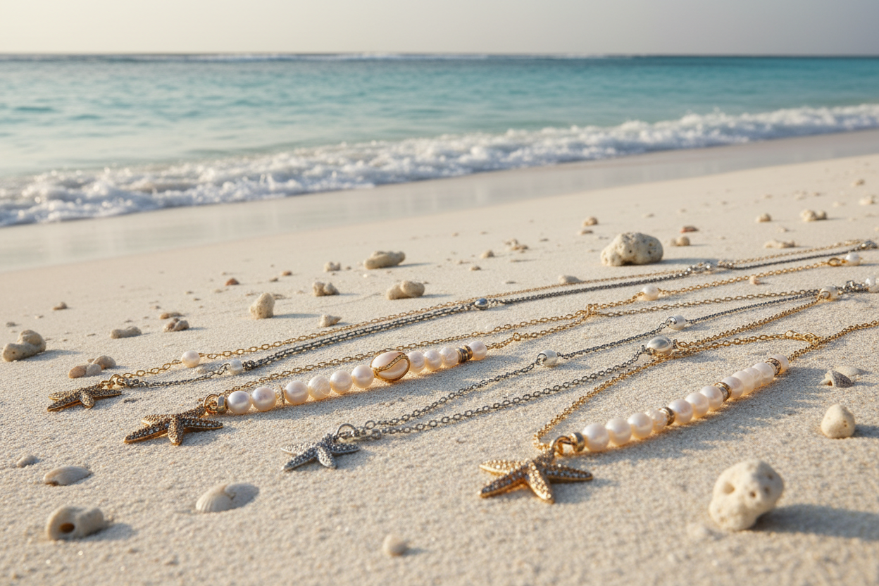 Close-up of layered gold-tone necklaces with pearl beads and star charms on sand