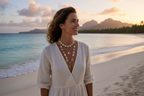 Layered necklace set with star charms on model in a white dress