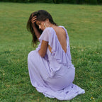 Lavender ruffle V-neck maxi dress with open back and gathered waist