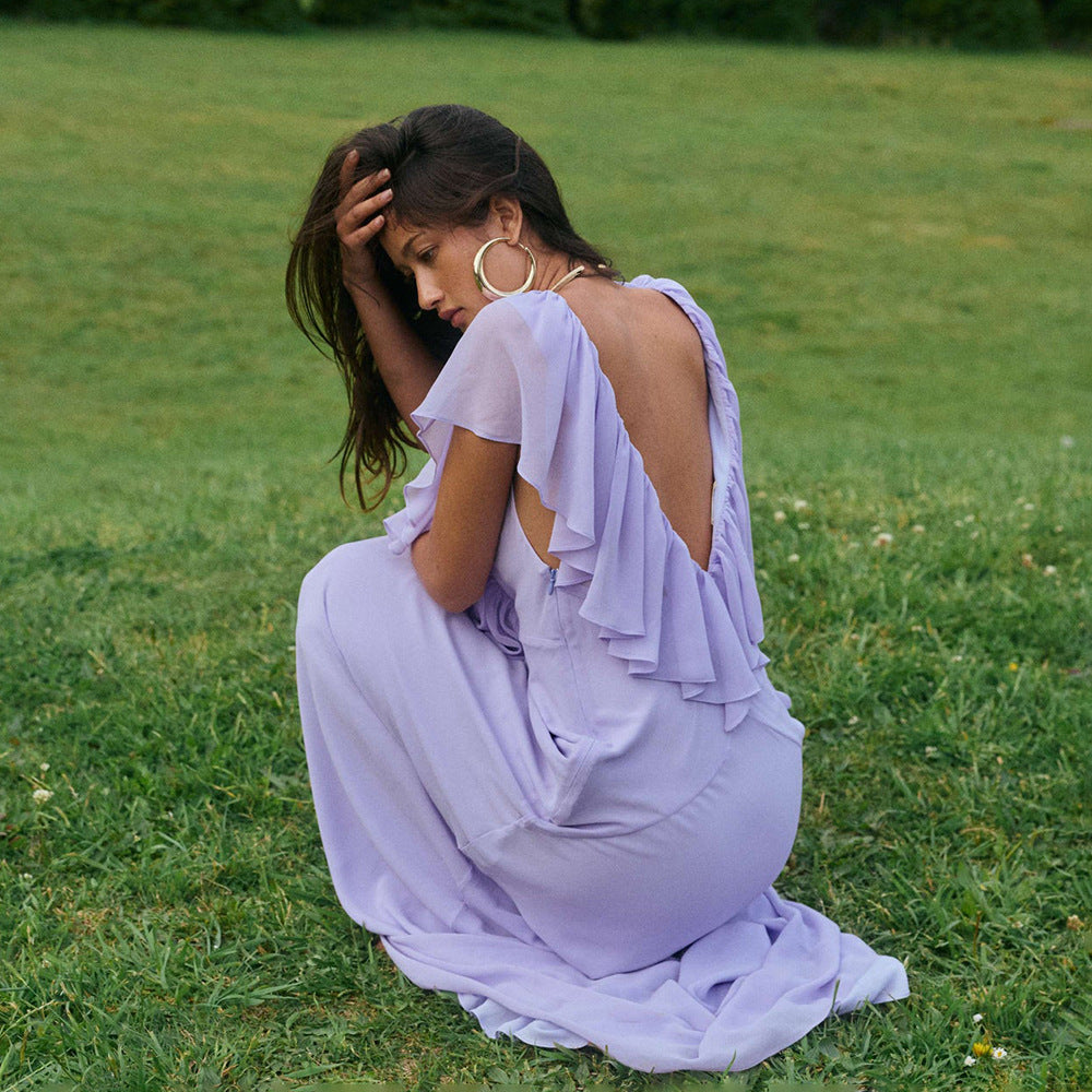 Lavender ruffle V-neck maxi dress with open back and gathered waist