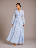 Light blue puff-sleeve button flowy dress with V-neck and gathered waist