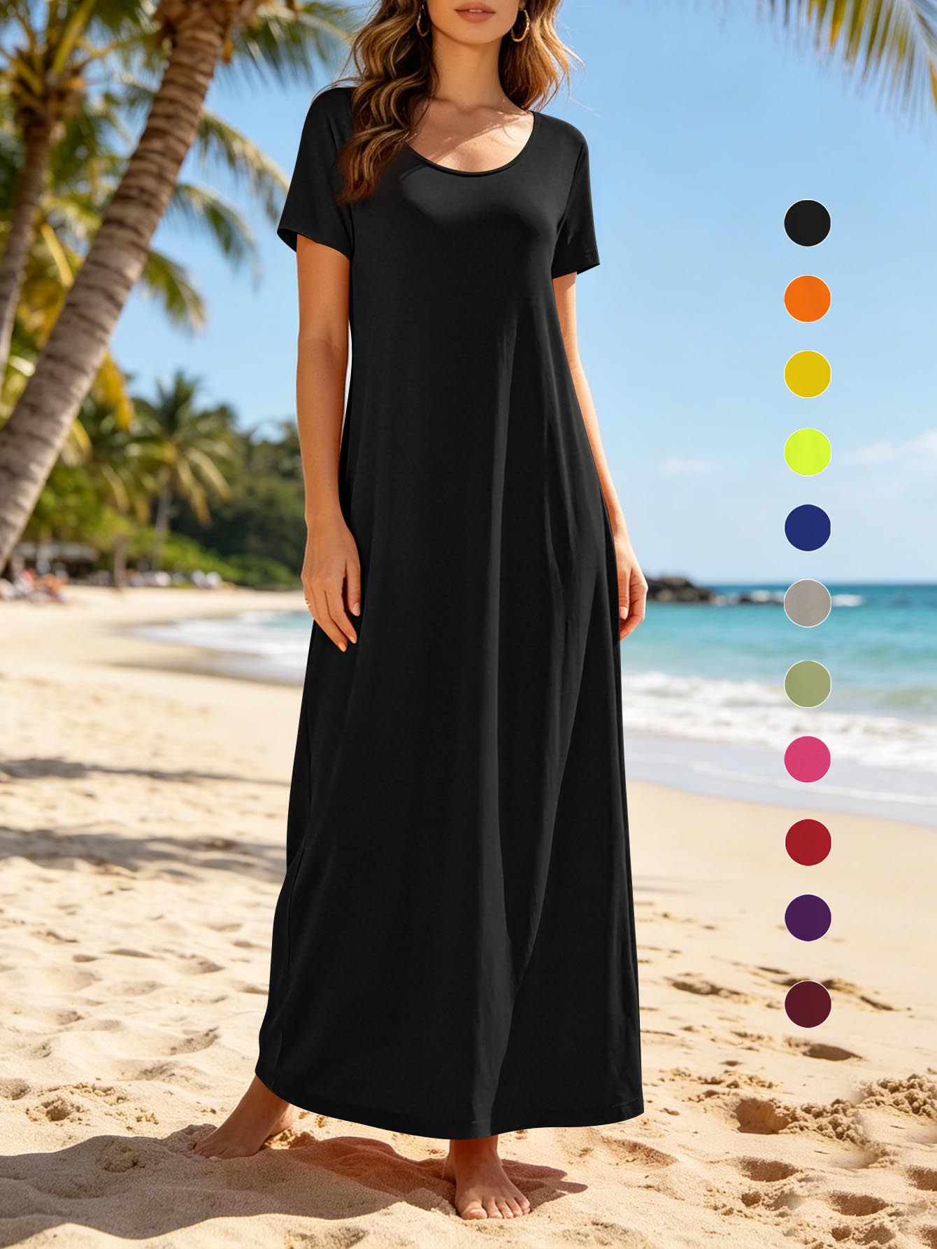 Black v-neck short sleeve maxi dress with pockets, loose fit, solid color.