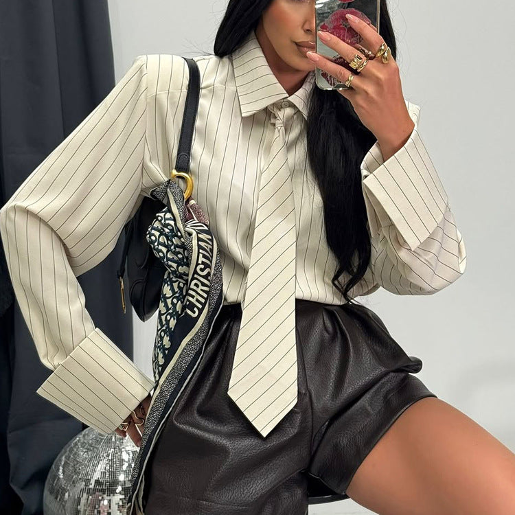 Cream striped long sleeve shirt with pointed tie collar and button front
