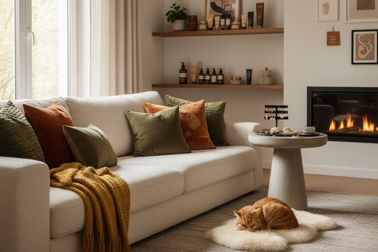 Living room sofa with mixed-color cushions, folded throw blanket, and a side table