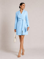 Blue lapel wrap mini blazer dress with long sleeves and tied waist belt