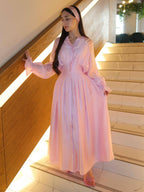 Blush pink puff-sleeve button flowy dress with V-neck and gathered waist