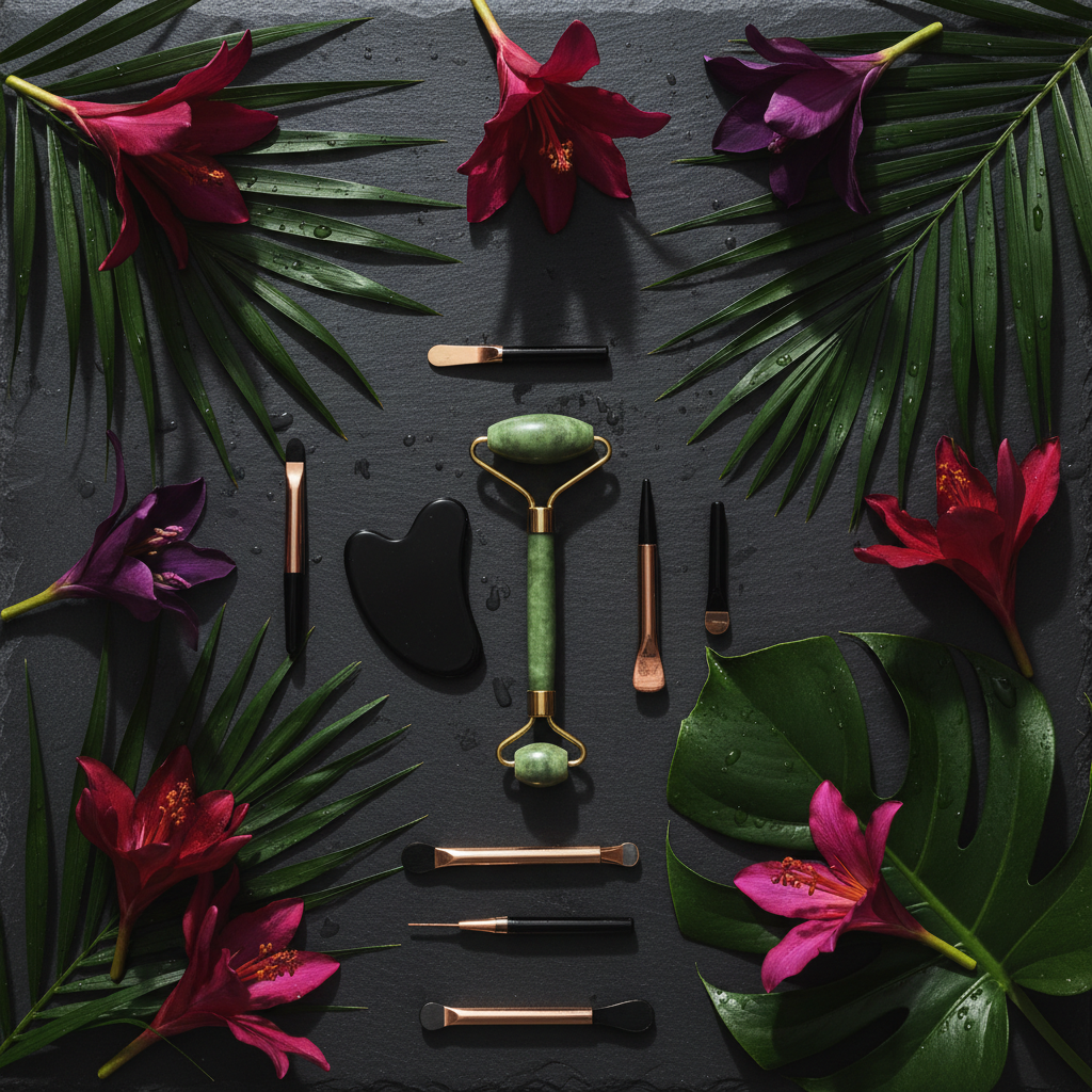 Tropical spa tools set with jade roller, black gua sha, and wax candles