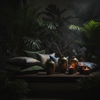 Tropical lounge pillows with candles and decorative glass vases on a dark table