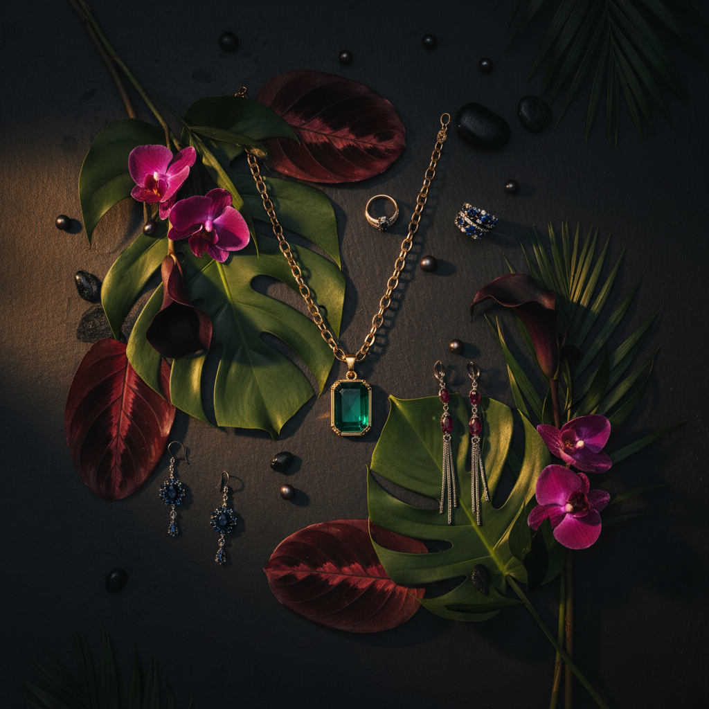 Gold-tone pendant necklace with green gemstone and matching drop earrings