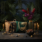 Tropical accessories set with woven bag, fabric pouch, and gold chain necklace