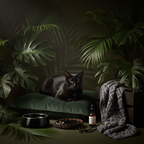 Black cat on a green cushion with necklace, bottle, and draped gray blanket