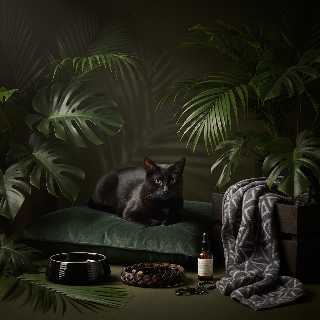 Black cat on a green cushion with necklace, bottle, and draped gray blanket