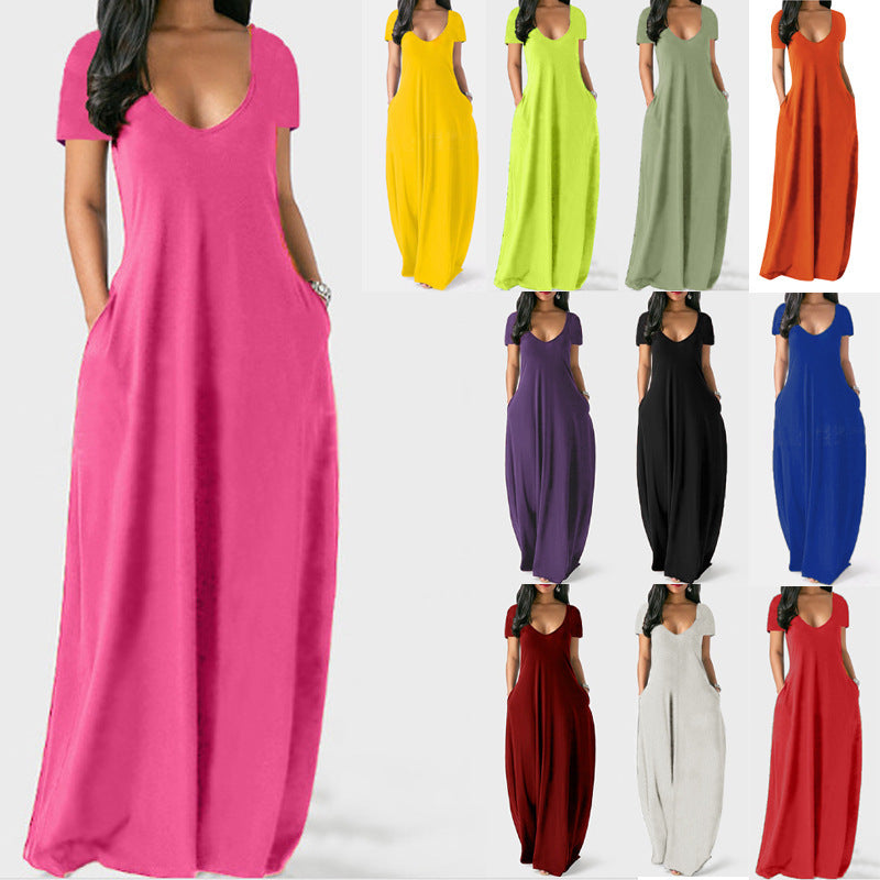 Pink v-neck short sleeve maxi dress with pockets, loose fit, solid color.
