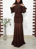 Dark brown ruffled high-neck blouse and mermaid maxi skirt set, front view
