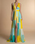 Geometric color-block chiffon maxi dress, sleeveless V-neck with front slit in yellow, teal, white