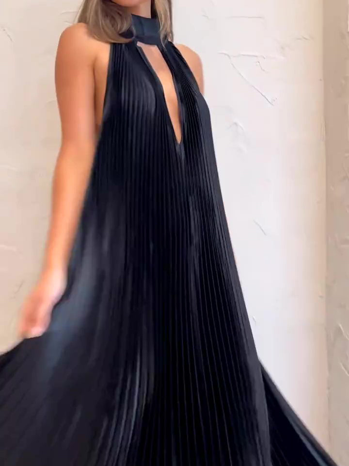 Black pleated halter maxi dress with V-neck keyhole front