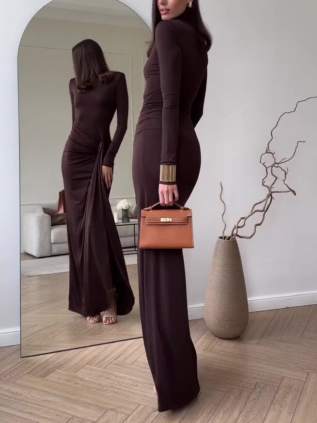 Brown slim long-sleeve maxi dress, back drape detail and side slit