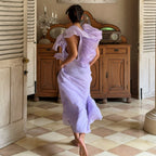 Lavender ruffle V-neck maxi dress, open back with tie strings, flowing skirt