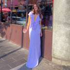 Lavender V-neck ruffle maxi dress with short sleeves and side drape
