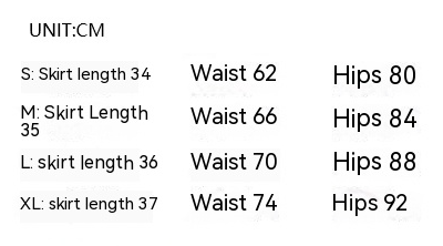 Denim skirt size chart listing skirt length, waist, and hips for S to XL