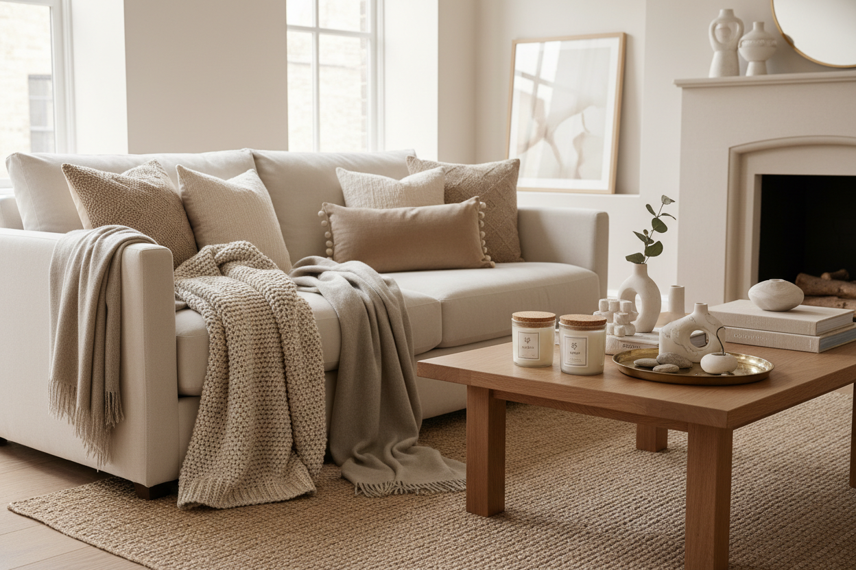 Beige sofa with multiple pillows and knit throw blanket, coffee table with candles