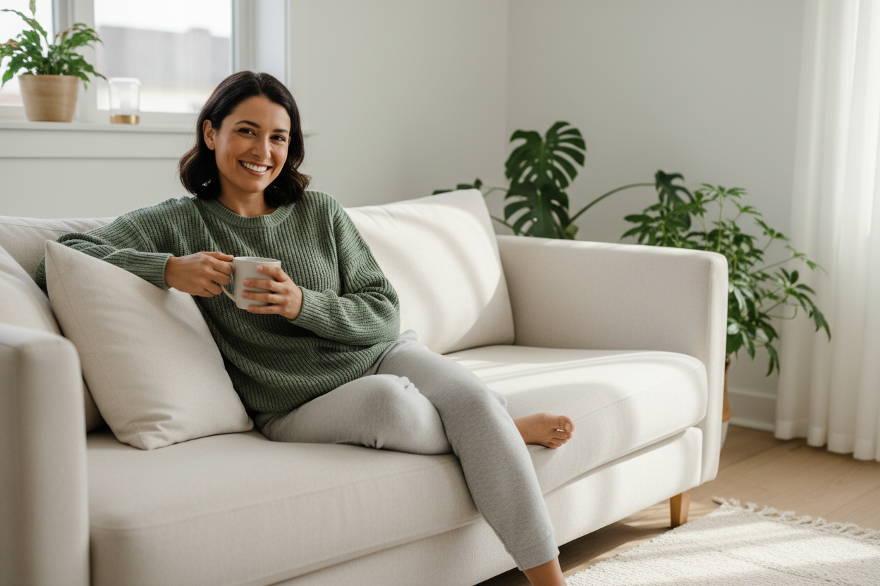 Cream sofa with light pillows and a woman relaxing on the seating