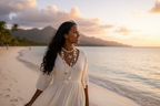 Silver-tone coastal necklace set with pendants on model facing the sea
