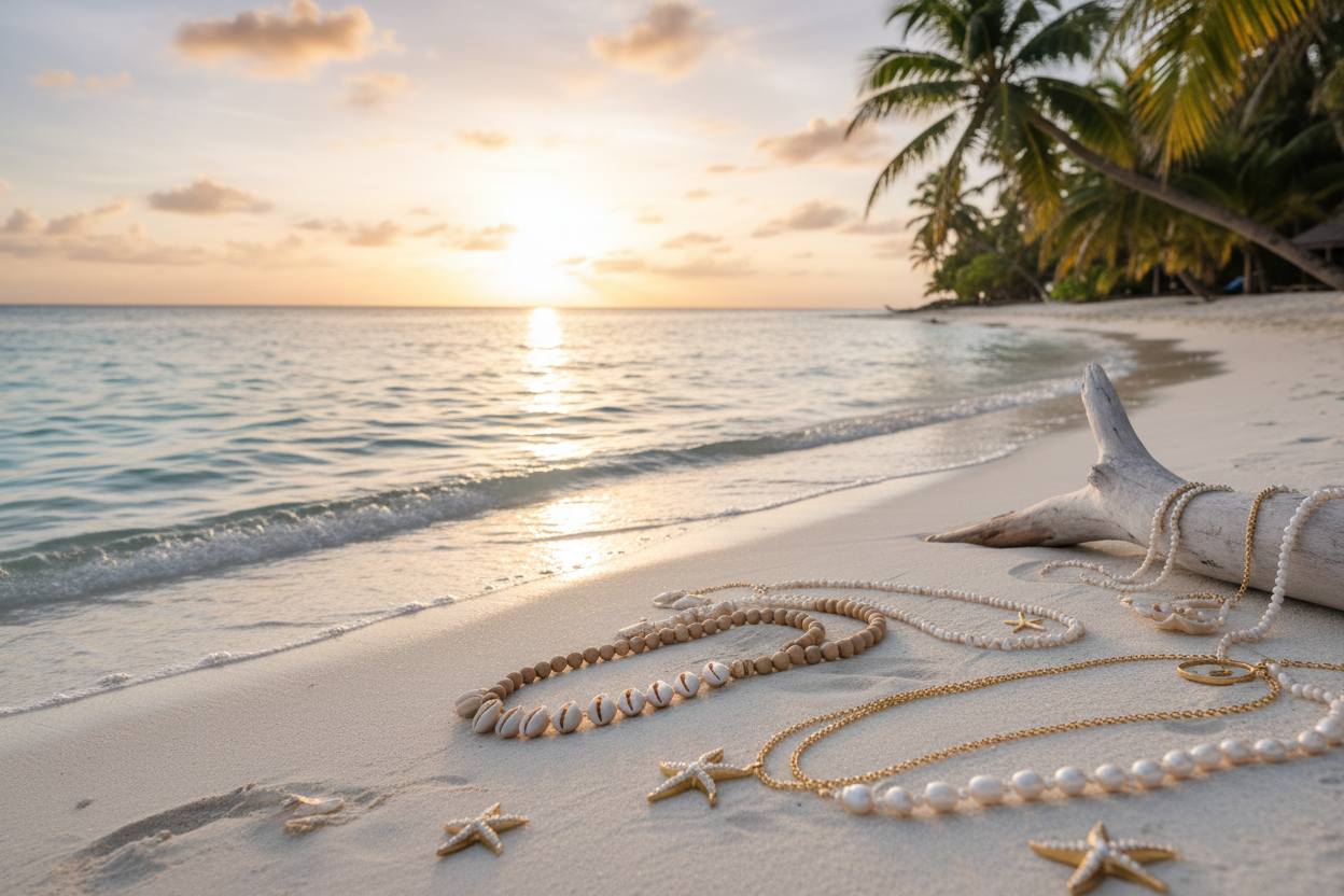 Coastal jewelry assortment: starfish charm necklaces and bracelets on sandy beach