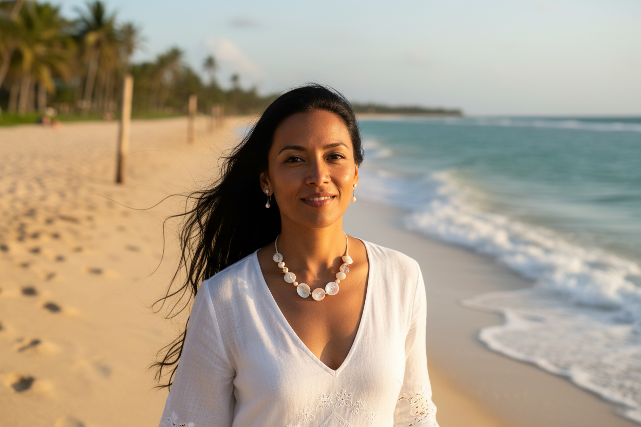 Pearl and gold-tone coastal necklace with earrings on model in white dress