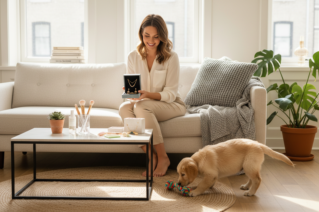Pet lifestyle care accessories set with bottles on table, dog and woman nearby
