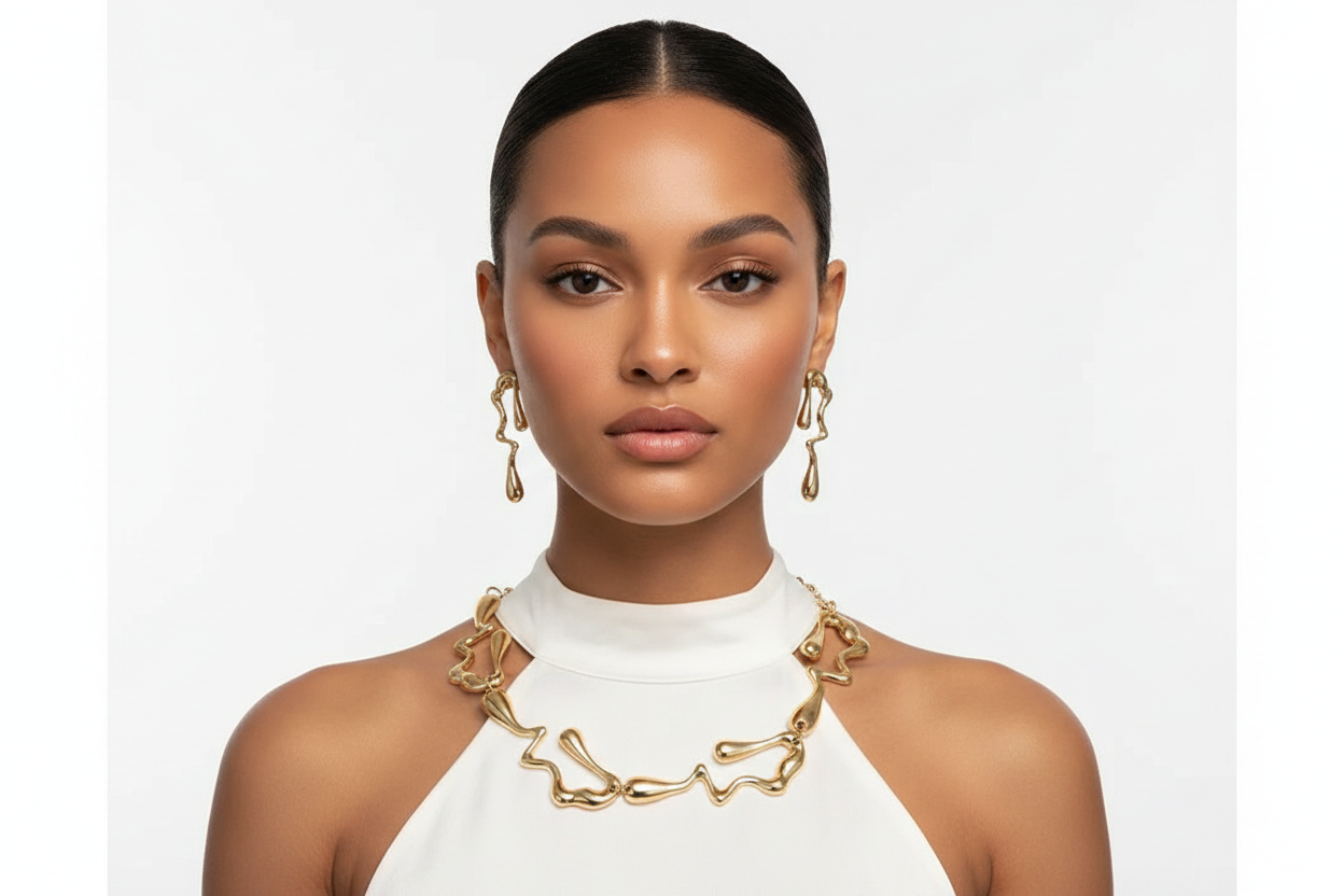 Gold-tone chain necklace and hoop earrings on model face, white sleeveless top.