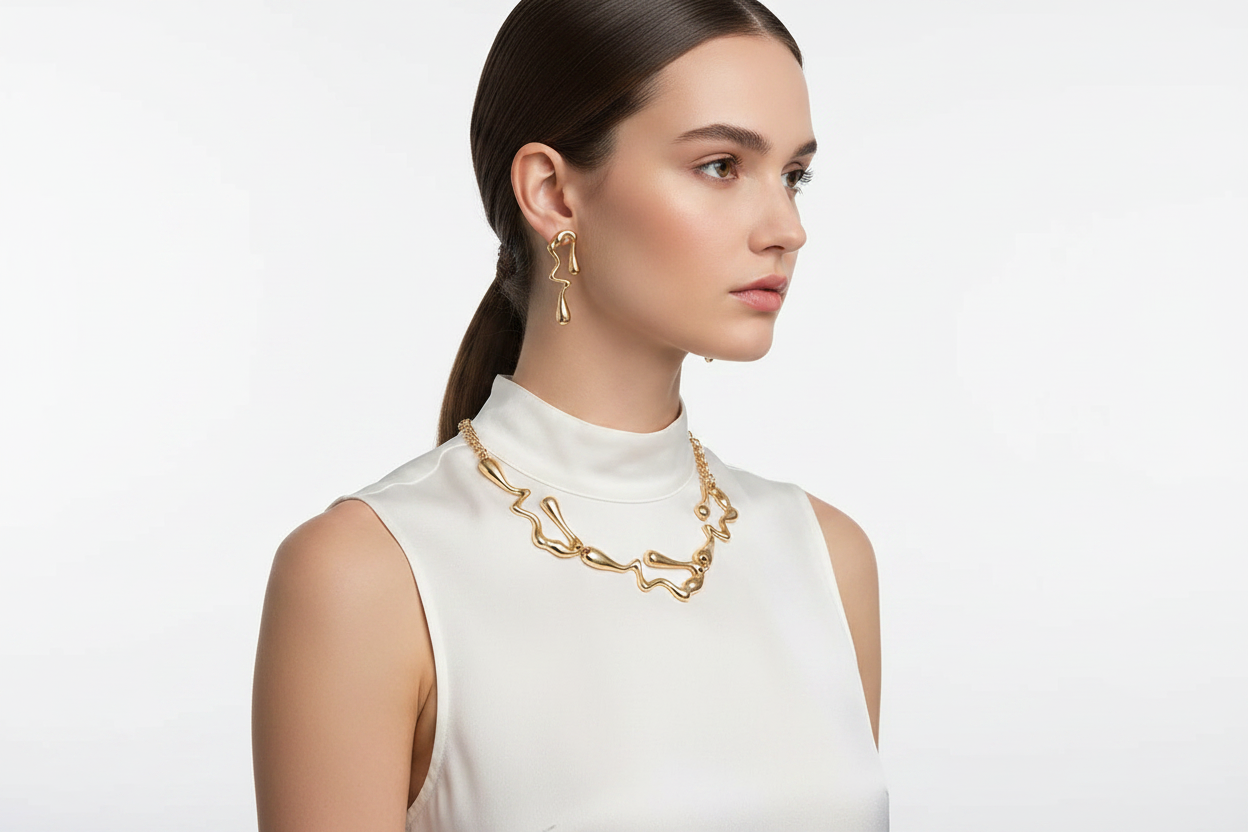 Gold-tone layered chain necklace and dangling earrings on model, white sleeveless top.