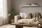 Living room sofa with beige cushions, textured throw blanket, and candles