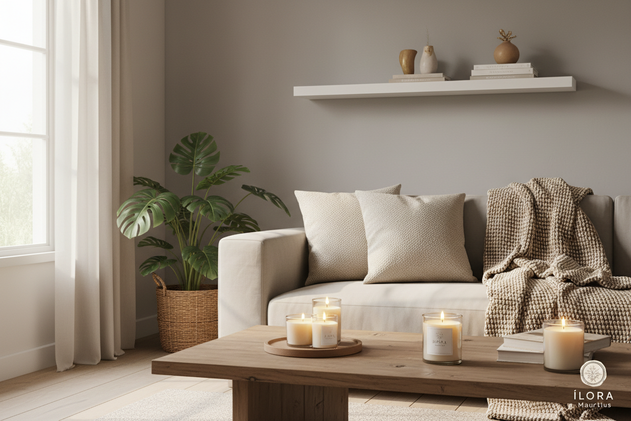 Living room sofa with beige cushions, textured throw blanket, and candles