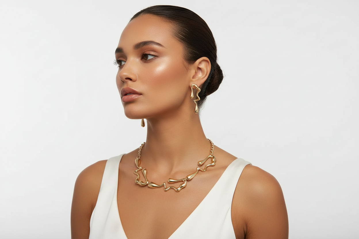 Gold-tone chain necklace and dangling earrings on model profile, white sleeveless top.
