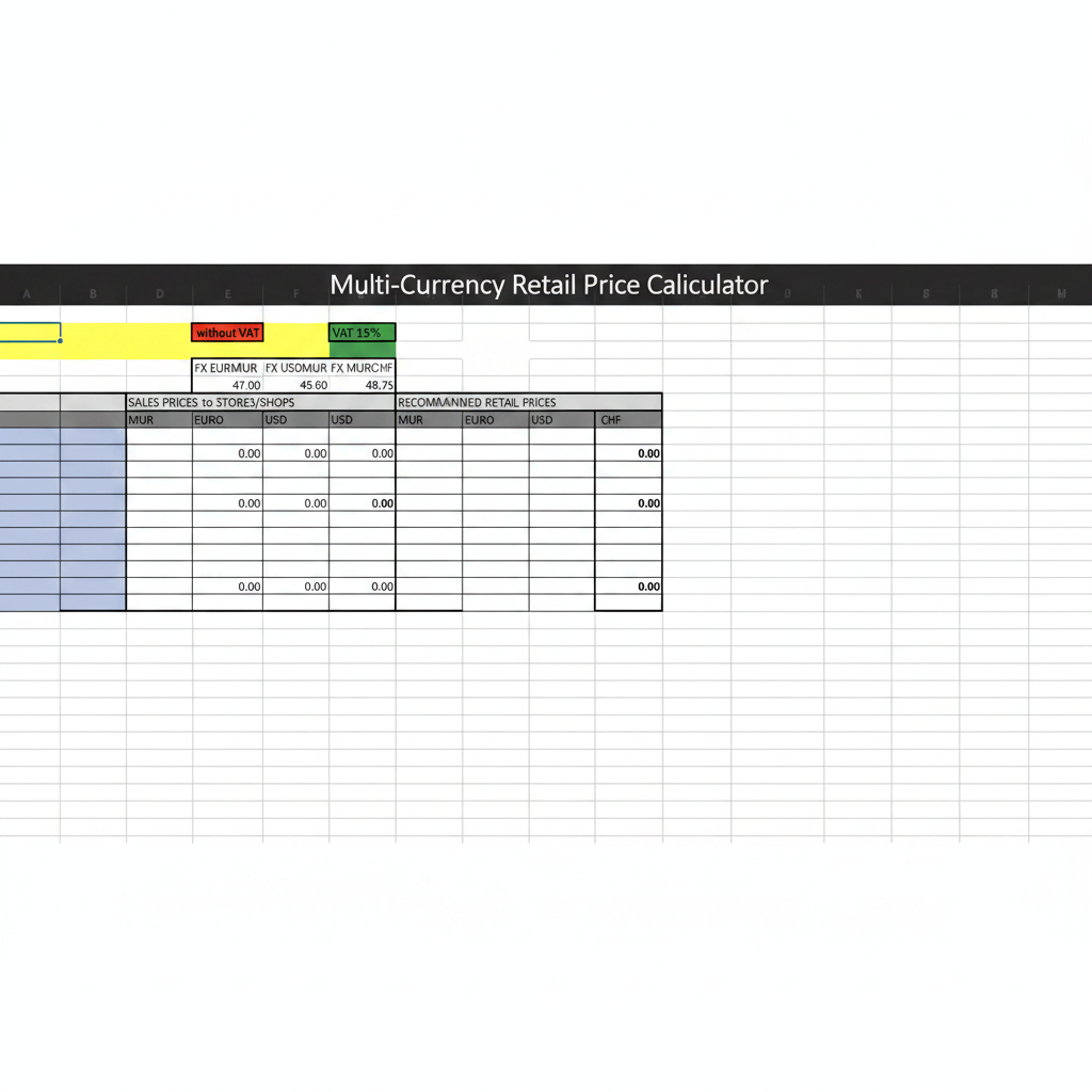 Excel multi-currency retail price calculator template spreadsheet with currency tables