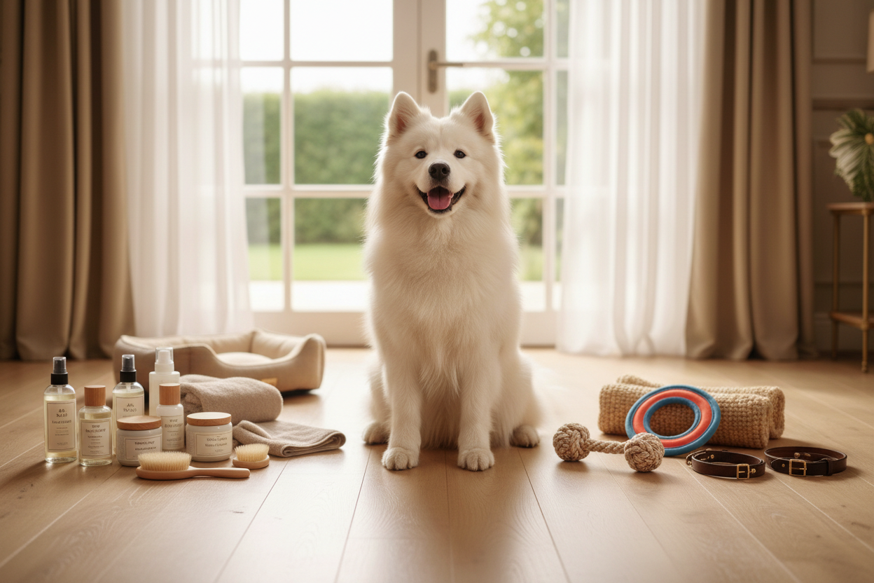 Pet grooming and care accessories set with bottles, brushes, and toy on floor