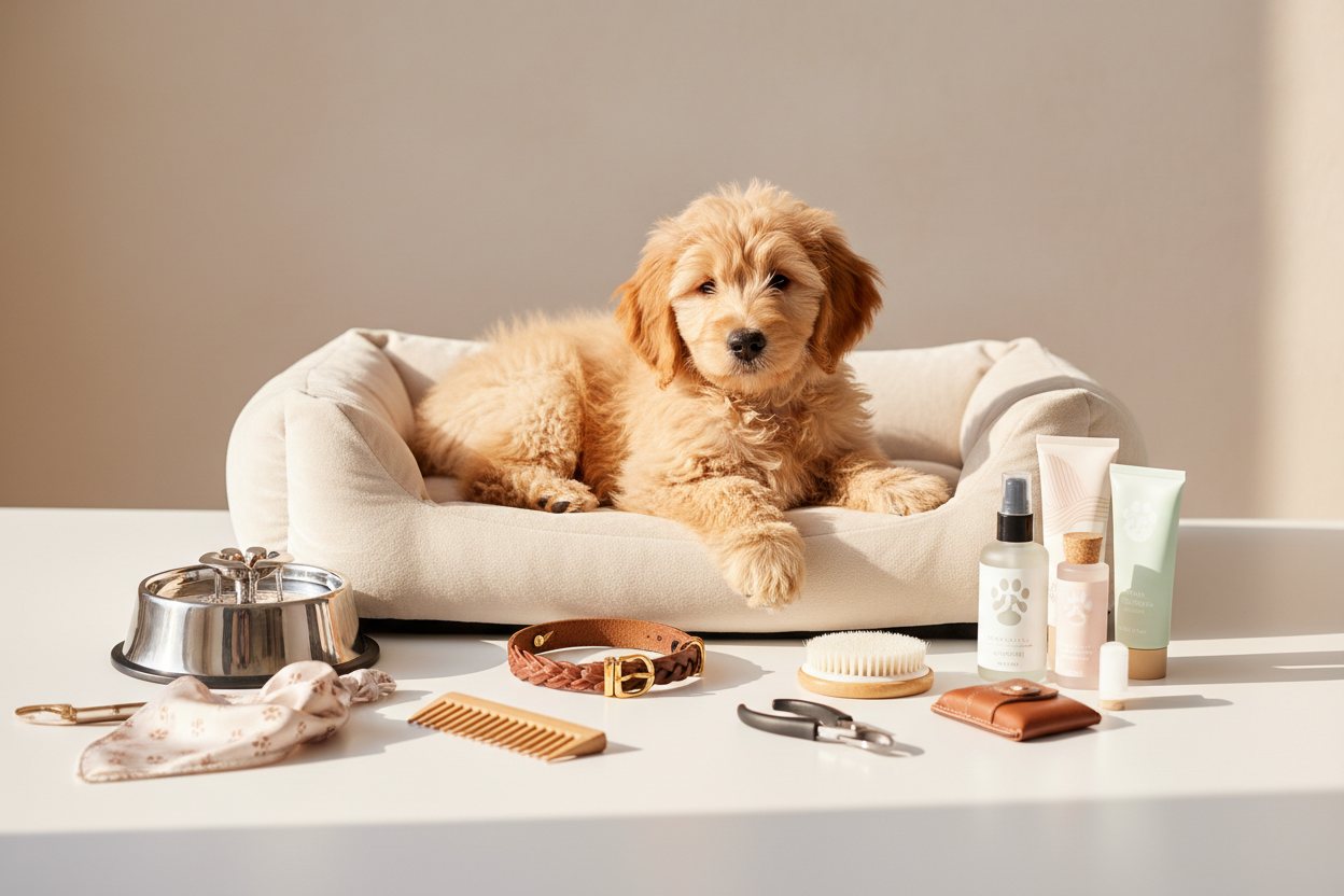 Pet grooming and care accessories set with bottles, brush, comb on sofa