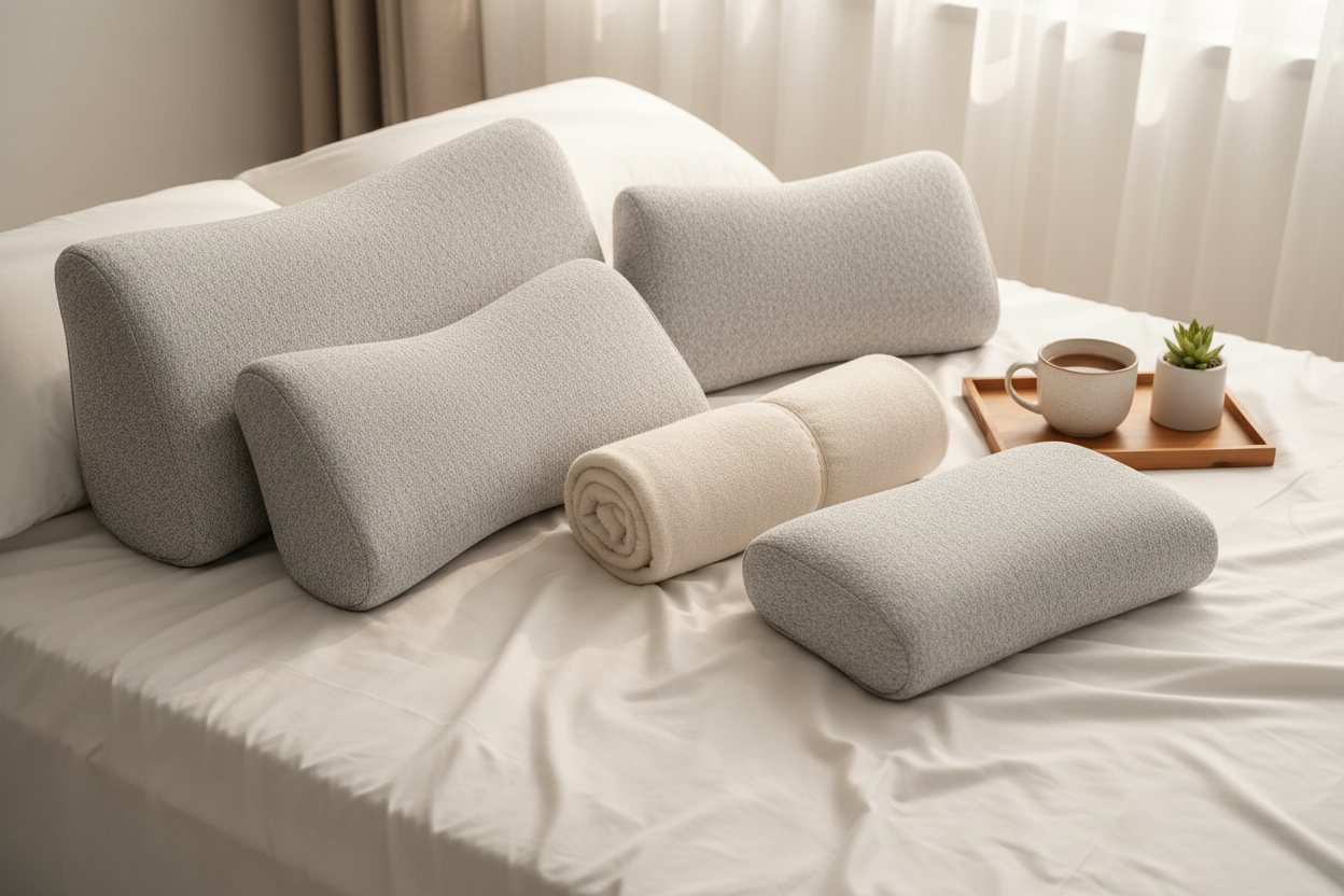 Beige upholstered daybed with three pillows and a folded rolled blanket