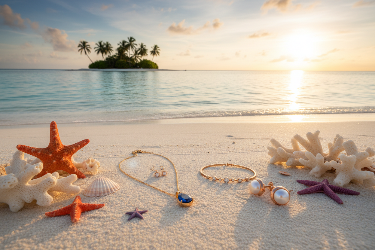 Starfish, shell and pearl bracelets and necklaces with blue charm on sand